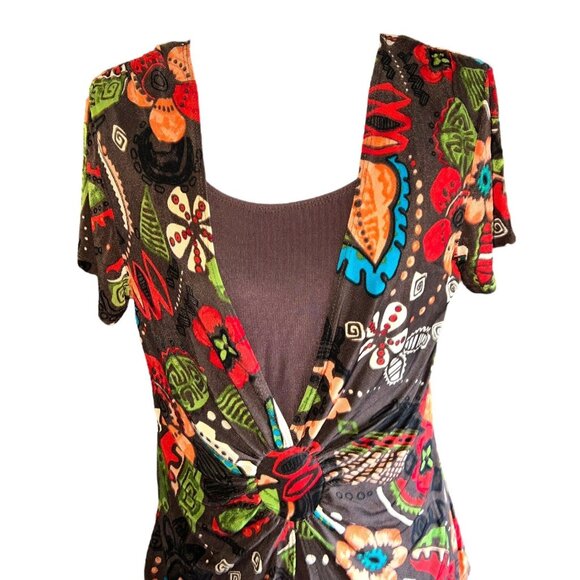 Choices Womens S Multicolor Floral Print Stretch Top W/ Knot Detail - Picture 3 of 9